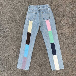 STILL HERE ORIGINAL RAINBOW TATE JEANS VINTAGE BLUE PASTEL HAND PAINTED STRIPES